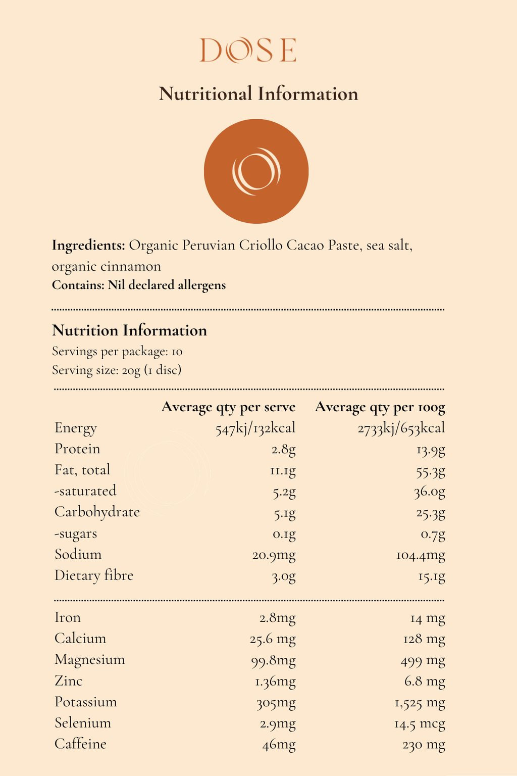 Nutritional information and ingredients list for a product by Dose on a beige background